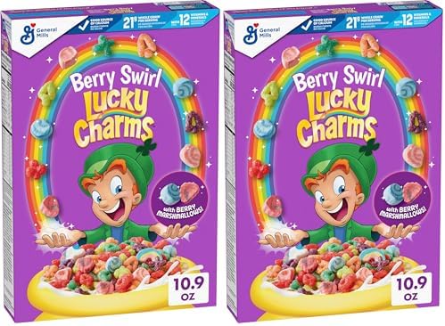 Lucky Charms Berry Swirl Breakfast Cereal with Marshmallows, Kids Breakfast Cereal, Made with Whole Grain, 10.9 oz (Pack of 2)