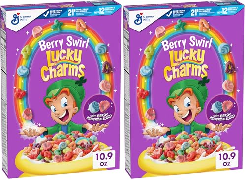 Image of Lucky Charms Berry Swirl Breakfast Cereal with Marshmallows, Kids Breakfast Cereal, Made with Whole Grain, 10.9 oz (Pack of 2)