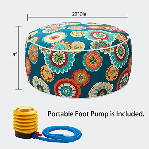 Magpie Fabrics Indoor/Outdoor Inflatable Stool Ottoman Pouf, Water Repellent Round Footrest Footstool With Foot Pump D20 Xh9, Portable For Patio Garden Camping Or Home, Heronsbill Turquoise Green #TOP1