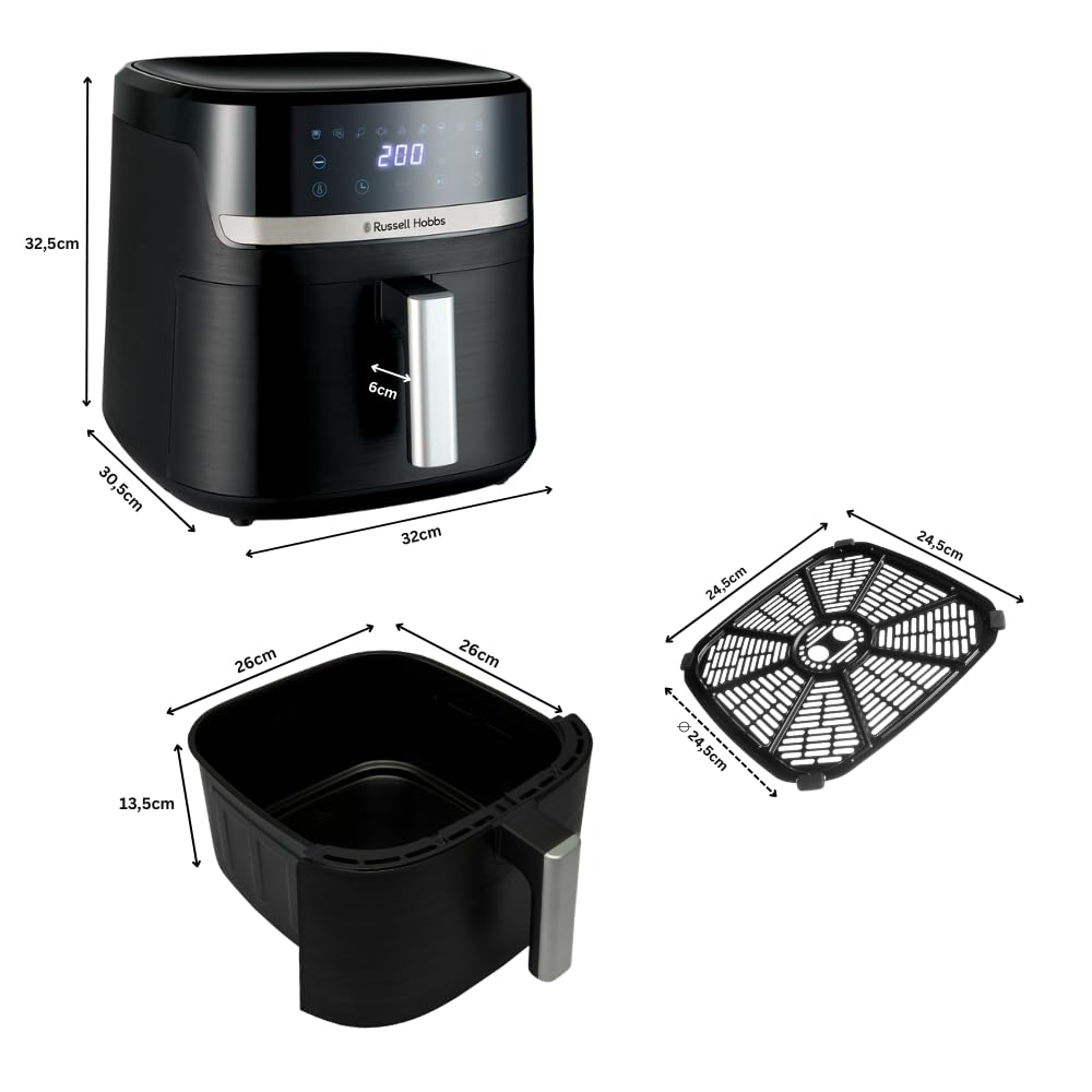 Russell Hobbs Freidora de Aire, Air Fryer, Freidora sin Aceite 8,3 L, XXL [tamaño compacto, bajo nivel ruido, pizzas de 26 cm] Satisfry (piezas aptas lavavajillas, pantalla táctil, grill) 27632-56