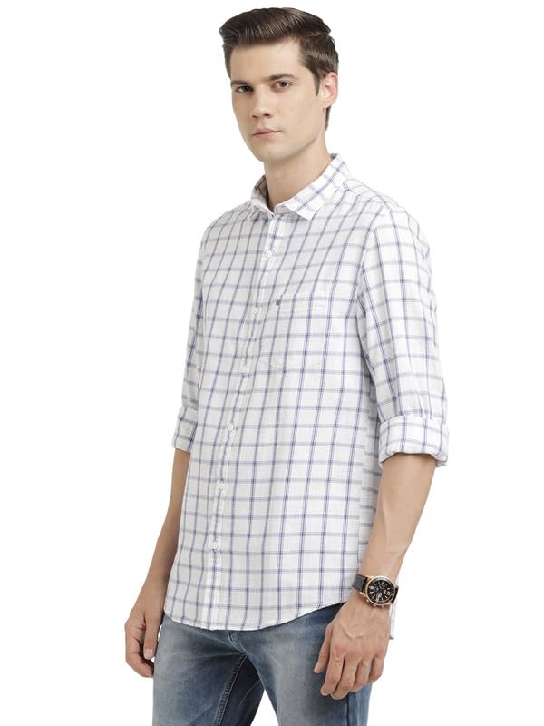 Image of Turtle Men 100% Cotton Slim Fit White Check Casual Shirt