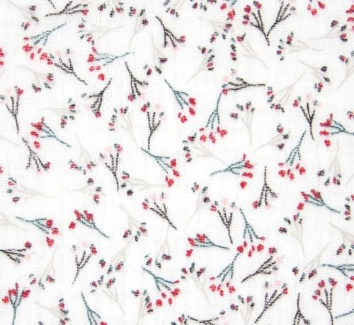 Katia Fabrics Tela de Muselina de Algodón 100%, Estampado Flores Linen Flowers, Fondo Blanco, Tejido por Metros, Certificación OEKO-TEX. 1 metro