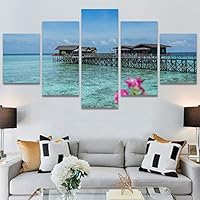 SIGNWIN 5 Panel Canvas Wall Art Modern Art Beach Coastal Multicolor Photography Relax/Calm Tropical for Home Decorations Ready to Hang - 60