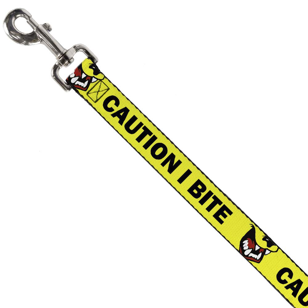 Buckle-Down Pet Leash, Dog Leash, Pet Quote Caution I Bite with Dog Growl Yellow Black, 4 Feet Long 1.5 Inch Wide