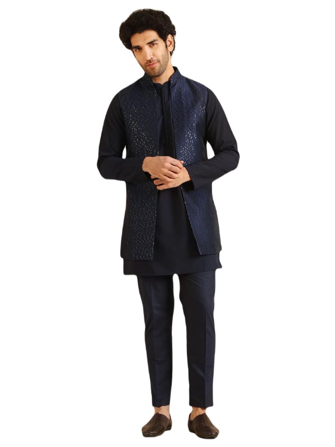 Kisah Men's Kurta Jacket Trouser Set, Navy Blue Silk Blend, Embroidered Regular Fit Mandarin Collar Long Sleeves (42)