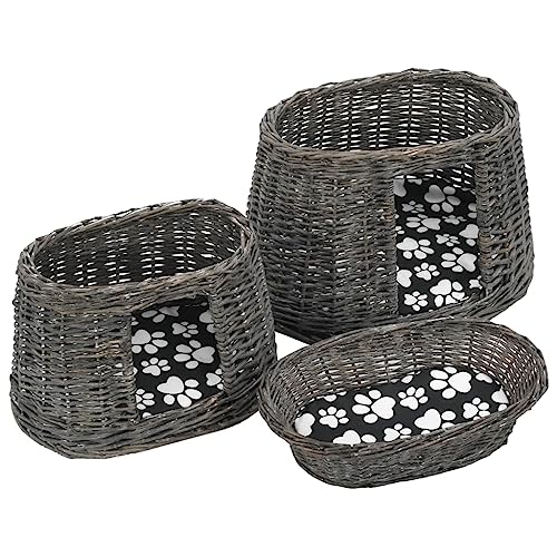 Jeu de panier pour chats 3 pcs en saule avec coussins gris