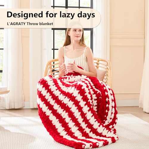 Image of L'AGRATY Chunky Knit Throw Blanket for Couch, 40 x 50 Inches, Red White