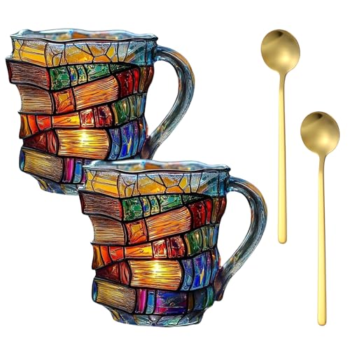 Hocklliy Painted Book Mug Funny 3D Book Coffee Mug with Spoon Stacked Books Cup for Hot Cold Drinks