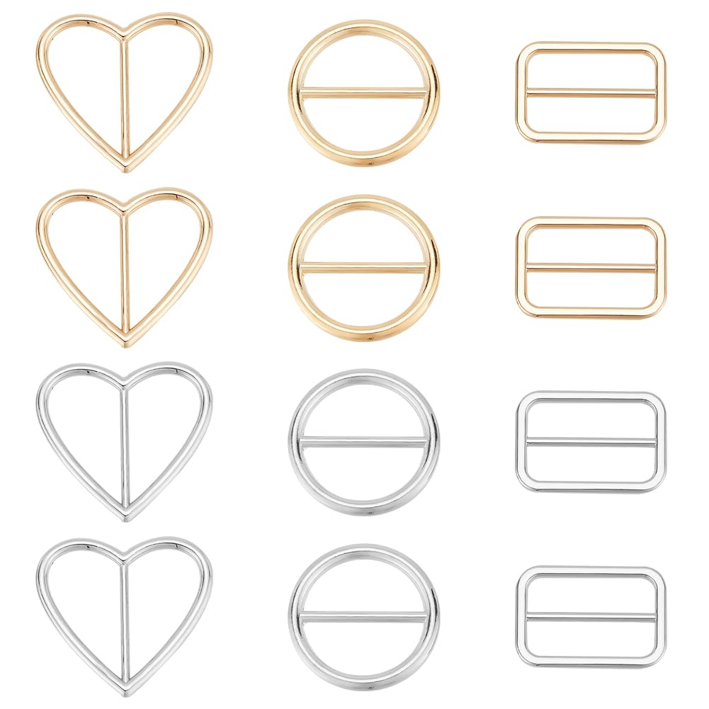 WADORN 12Pcs Metal Tri-Glide Slide Buckles, 6 Styles Triglide Strap Keeper Webbing Belt Adjustable Flat Strap Sliders Fastener Buckles Hardware DIY Craft Belt Sewing Accessories