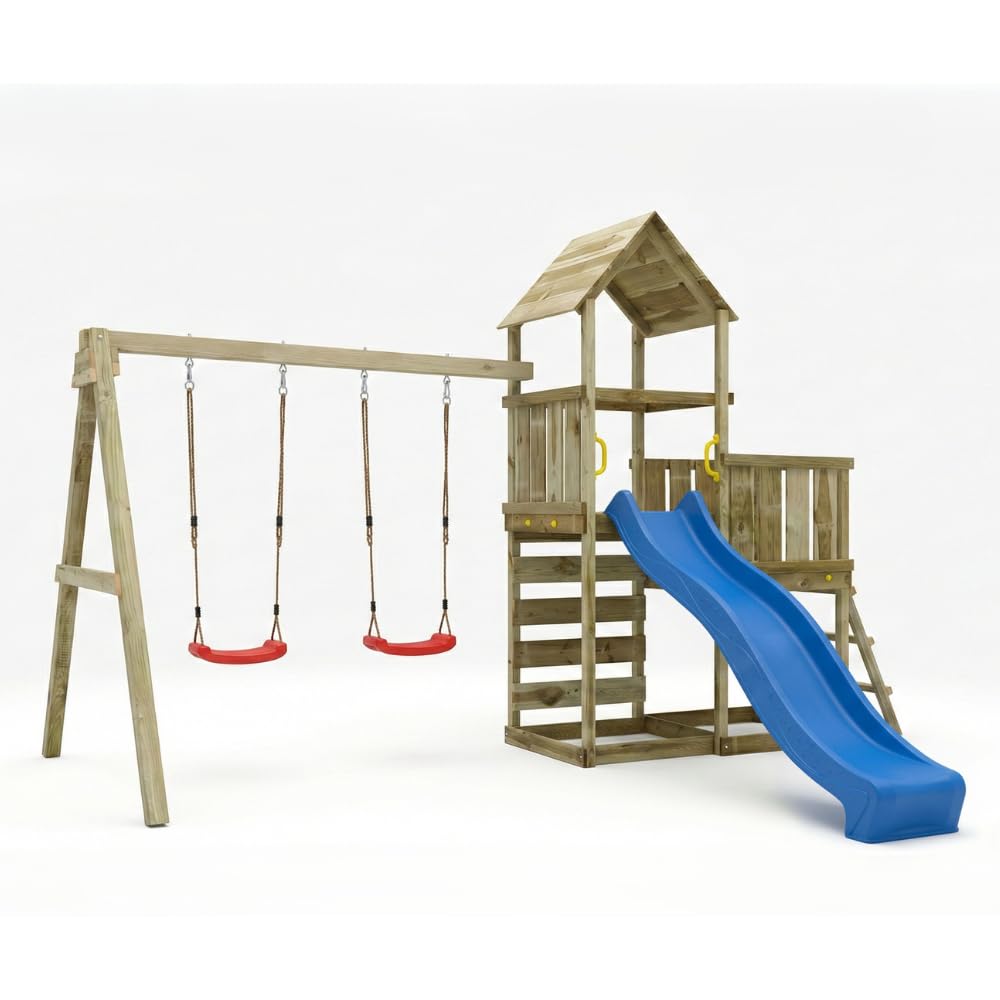 Gioco da Giardino in Legno Maxplay 3.2 con Torre a 2 Livelli, Scivolo 2,2 m, Doppia Altalena e Parete Arrampicata – Parco Giochi Completo con Sabbiera, 356x395x262 cm, Legno Impregnato (Blu)