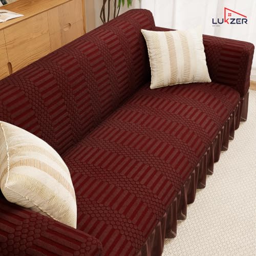 Image of Lukzer 4 Seater Jacquard Sofa Cover with 360 Frill Skirt - Pastel Deep Maroon Dotted Stripe | 240 GSM Stretchable Anti-Slip Fully Covered Universal Couch Cover for Living Room (230-300CM /SC-132-04F)