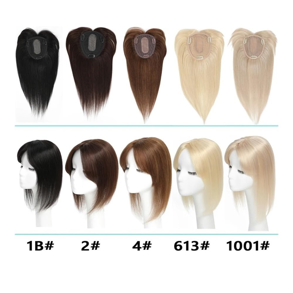 Toppers per capelli umani per donne con frangetta, base traspirante 12 x 13 cm con 3 clip antiscivolo per capelli radi, 10 pollici