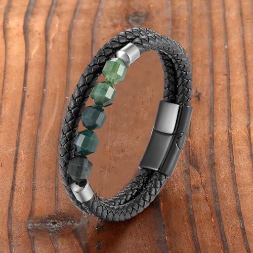 Mens Leather Bracelet Braided Tiger Eye/Moss Agate/Black Onyx Protection Healing Stone Bead Bracelet for Men Stainless Steel Clasp Cuff Bracelets Jewelry2