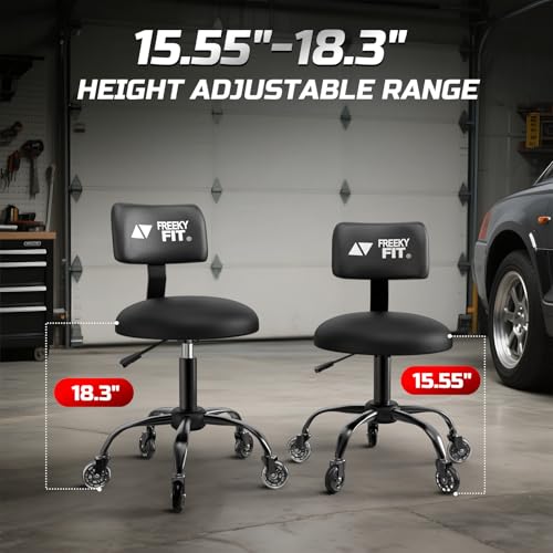 Image of Rolling Shop Stool with Wheels,Mechanic Garage Short Stool Chair with Adjustable Height 15.55 inch-18.3 inch,Heavy Duty Swivel Roller Seat for Garage,Salon and Tattoo Beauty, Black
