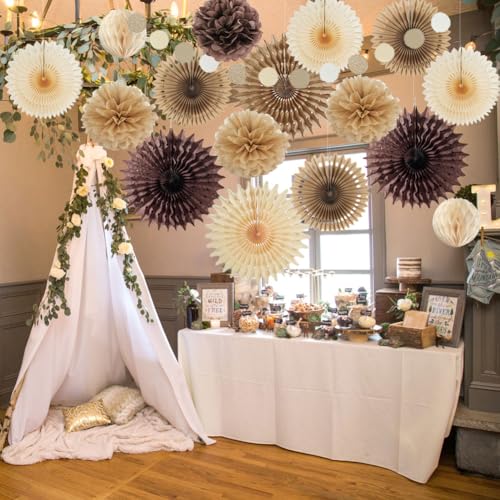 Party Deko Braun Beige Neutral Pompons Deko Braun Beige Papier Fächer Party Blumen Wabenbälle für Vintage Babyparty JGA Frauen Boho Geburtstagsdeko Hochzeit