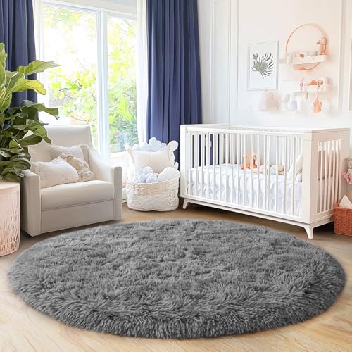 5'x5' Grey Round Rug for Bedroom, Ultra Soft Fluffy Circle Rug for Kids Girls Boys Room, Cute Shag Rugs for Living Room Playroom Teen Room Home Decor Rug
