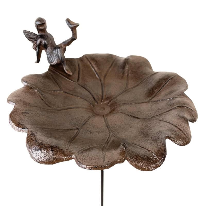 L'Héritier Du Temps Vogeltränke auf Stab, Vogeltränke, Vogelhaus, aus Gusseisen, Braun, Weihkpfer mit Vögeln, Motiv Fee, 28 x 28 x 123 cm