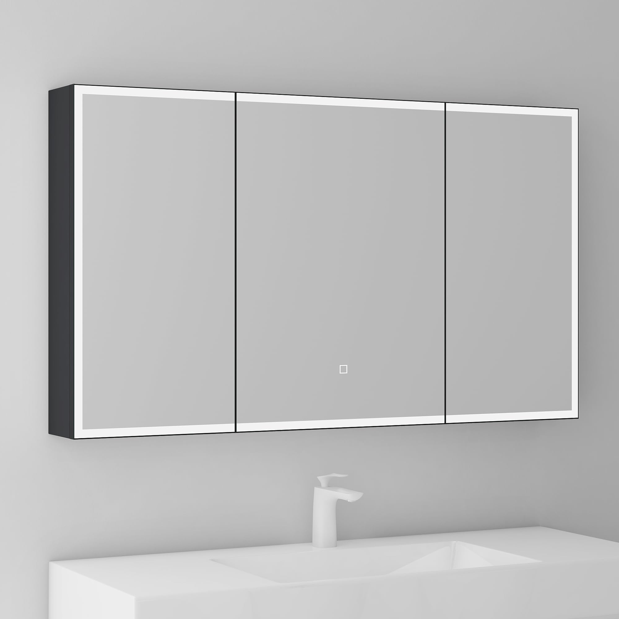 Mai & Mai Spiegelschrank Bad mit LED Beleuchtung 120x15x70 cm | Badezimmerschrank mit 3 Spiegeltüren, Hängeschrank Badezimmerspiegel in Anthrazit matt, Spiegelschrank-04