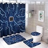 Abstract Computer Motherboard Shower Curtain Sets 4 Piece,Minimalist Central Computer Processors CPU Digital Print Bathroom Decor Sets with Rugs Include Waterproof Non-Slip Toilet Lid Cover Bath Mat