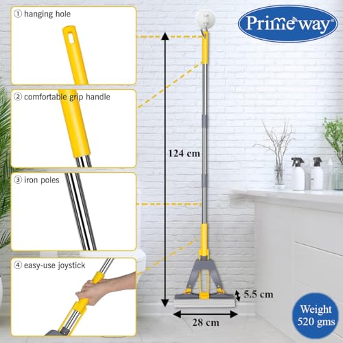 Image of Primeway PVA Self Squeeze Butterfly Floor Cleaning Mop | 28cm Extremely Absorbent Sponge | Pack of 2 Extra Refills | 124cm Long Iron Coated Handle | Self-Wringer | Grey