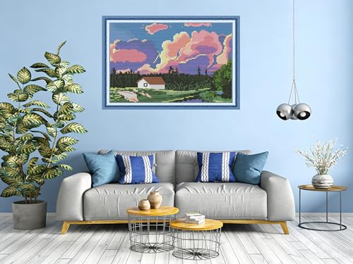 Image of CROSSDECOR Stamped Cross Stitch Kits Pre-Printed in Aida Cloth Cross-Stitching 14CT Embroidery Starter Kits DIY Cross Stitch Kits for Adults,Rosy Clouds 30x21cm