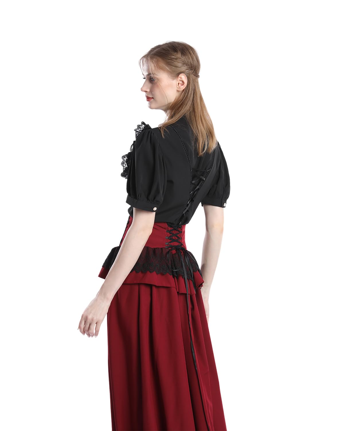 Fiamll Camicetta da donna vittoriana vintage con fiocco, colletto alto con volant a maniche lunghe, K-nero.
