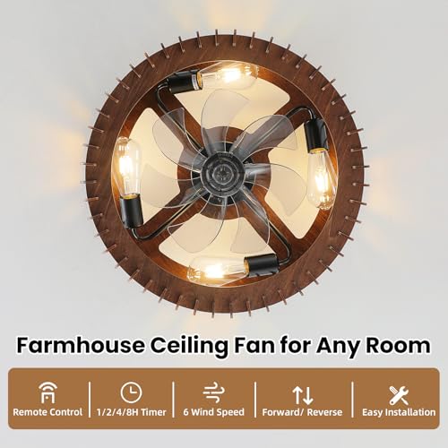 Image of 20 inch Farmhouse Wooden Caged Flush Mount Ceiling Fan with Lights, DC Motor, 6 Speeds Remote Control, Low Profile Bladeless Fandelier for Bedroom, Kitchen, Living Room
