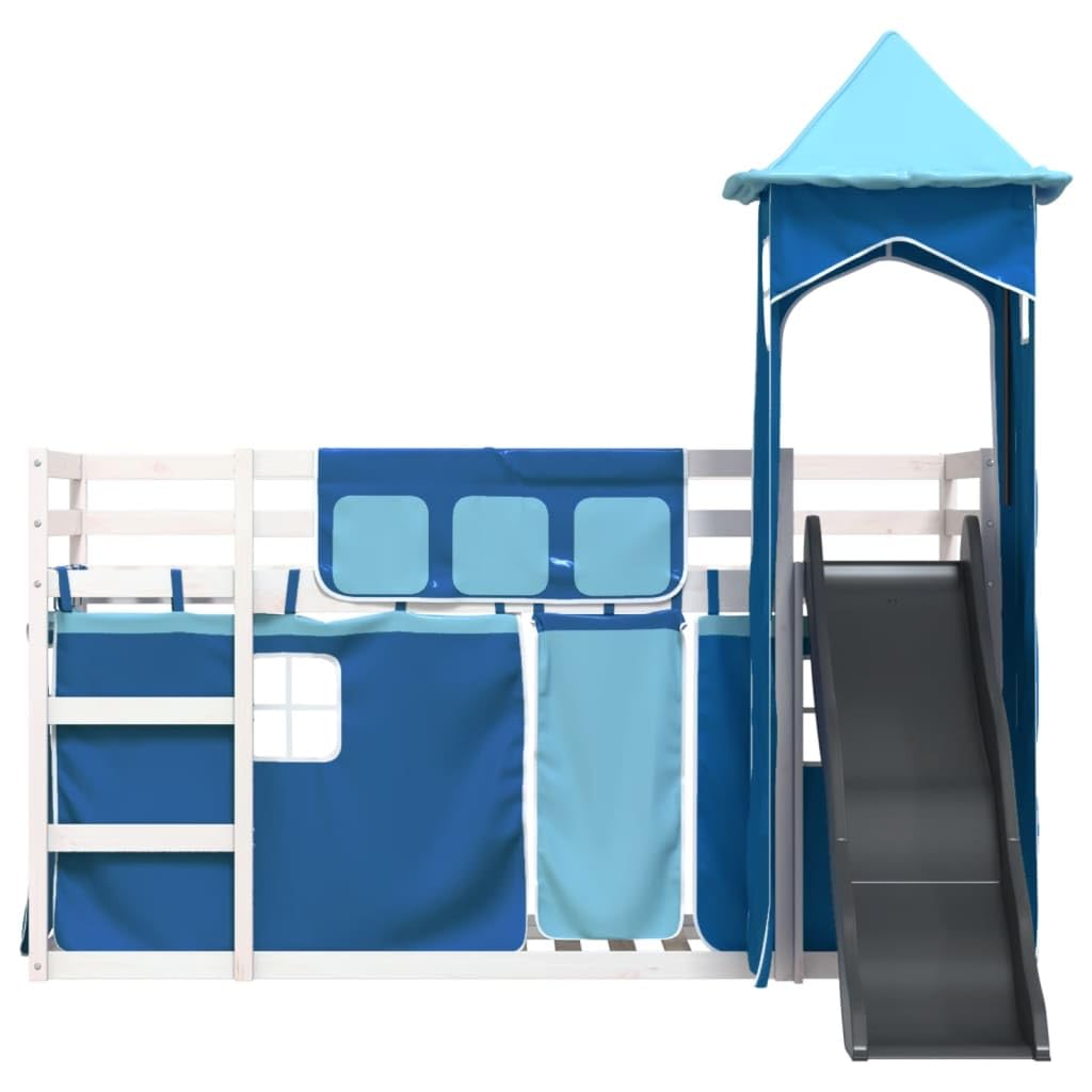 Litera infantil con tobogán, cortinas, 90 x 200 cm, madera maciza de pino, color blanco y azul, cama de juegos, para habitación infantil a partir de 6 años