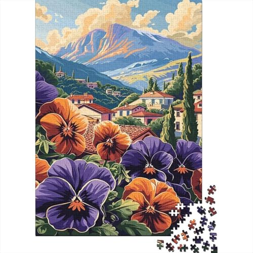 Puzzle de 1000 piezas de papel premium, diseño de montaña y flores de 70 x 50 cm