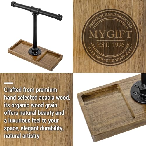 Image of MyGift Premium Acacia Solid Wood and Industrial Black Metal Pipe T-Bar Over Ear Headphones Holder, Tabletop Dual Headphone Display Stand with Accessories Tray