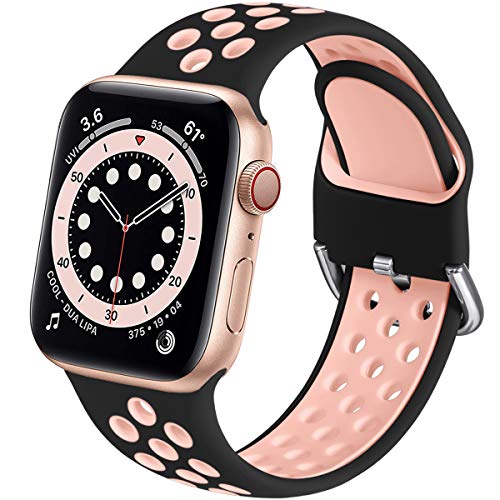 Muranne Sport Band Compatible with Apple Watch 40mm 38mm SE iWatch Series 6 5 4 3 2 1, Cute Breathable Soft Silicone Sport Replacement Wristband for Women Men, Black/Pink, S/M