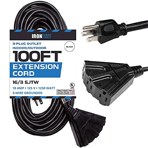 Exclusive Special 100 Ft Outdoor Extension Cord with 3 Electrical Power Outlets - 16/3 SJTW Durable Black Cable with 3 Prong Grounded Plug for Safety