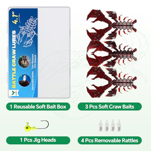 Image of Battle Craw Soft Plastic Crawfish Lures Kit with Removable Rattles | Salt Infused Creature Bait for Bass Fishing, Texas Rig & Jig Trailer Lure in Tackle Box, Realistic 1:1 Claw-to-body 4.1 /5.5in