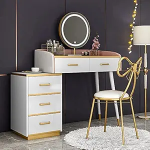 Vandana Interiors White Makeup Vanity Faux Marble Top Dressing Table with 3-Drawer Cabinet in Small