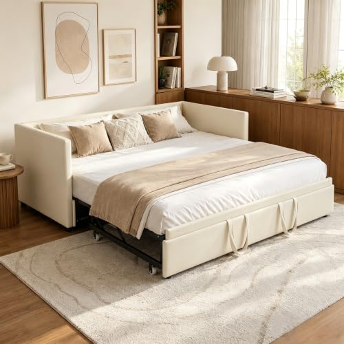 YGHQAP Canapé lit Convertible 90/180 x 200 cm, Canape lit 2 Places gigogne avec sommier à Lattes, Multifonctionnel Cadre de Bed Rembourré 2 Personnes en Velours, sans Matelas (Beige)