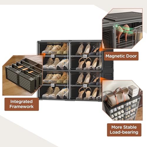 Image of Vipbox Black Shoe Rack Organizer Cabinet for Closet Entryway,Clear Shoe Storage Boxes Stackable Sneaker Storage with Door Easy Assembly Shoe Cabinet with Lids Large 4 Tiers 16 Pairs
