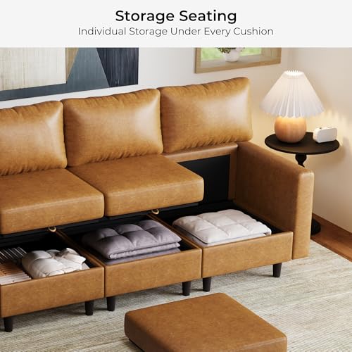 Image of ABCASA Faux Leather Modular Sectional Sofa with Storage Seat, 118.5 inch 4 Seater Couch Deep Seat with Removable Cover Brown