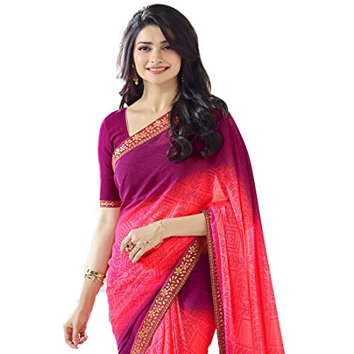Image of RAJESHWAR FASHION WITH RF Women's Floral Printed Georgette Sarees For Women With Jacquard Work Lace Border & Blouse(Pink Red Free Size 6.30 Mtr)