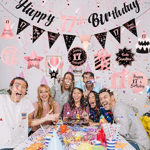 Image of 17th Birthday Decorations for Girls Rose Gold Pink Pre Assembled Happy Birthday Banner and Hanging Swirls 17 Years Old Party Decorations Supplies 17th Birthday Gifts for Girls