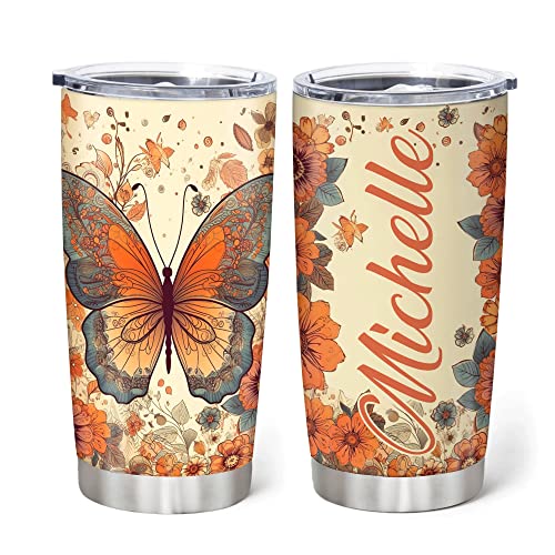 Hyturtle Personalized Gifts For Butterfly Lover - Butterfly Printed With Floral Custom Name Stainless Steel Tumbler 20oz With Lid - Idea Gifts For Women Girl Kids On Birthday, Christmas