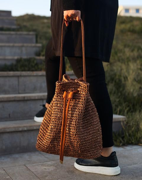 Image of MAIRO LIFESTYLE Straw Wicker Handmade Boho Summer Beach Drawstring Tote Bag
