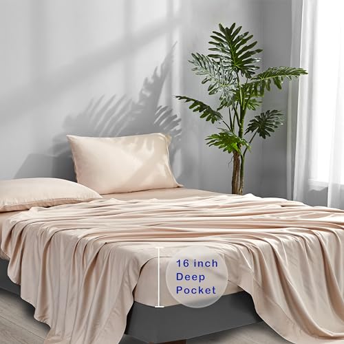 ACCURATEX Cooling Sheets Split King Size Sandy - Rayon Derrived from Bamboo, Luxury Hotel Sheet Set for Adjustable Bed, Super Soft Breathable Bedding Sheets up to 16 inches Deep Pockect