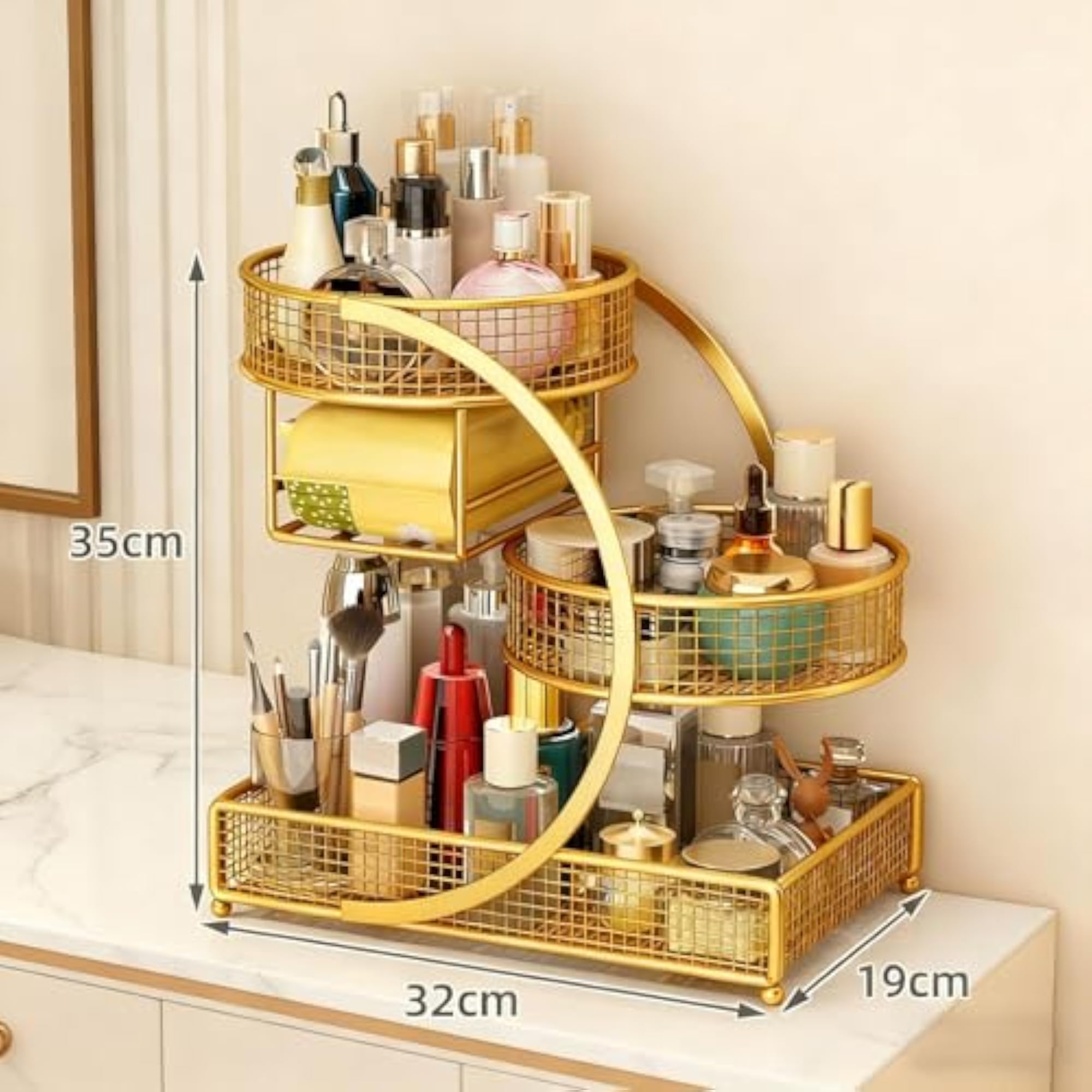 Space Saving Makeup Organizer, Gold Countertop Holder