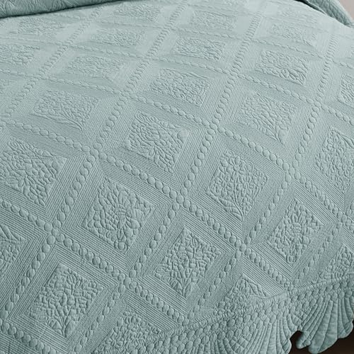 MarCielo 3-Piece 100% Cotton Oversized Bedspread Lightweight Quilt Coverlet Embroidery Farmhouse Bedding Set (Tk Aqua Green, Oversized Queen (100"x106"))