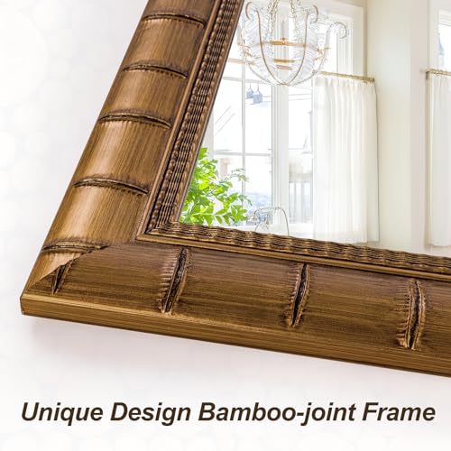 Image of Large Decorative Mirror for Wall, 60'' x 30'' Antiuqe Warm Gold Living Room Mirrors with Bamboo-Joint Frame, Classic Vintage Gold Wooden Mirror, Horizontal /Vertical