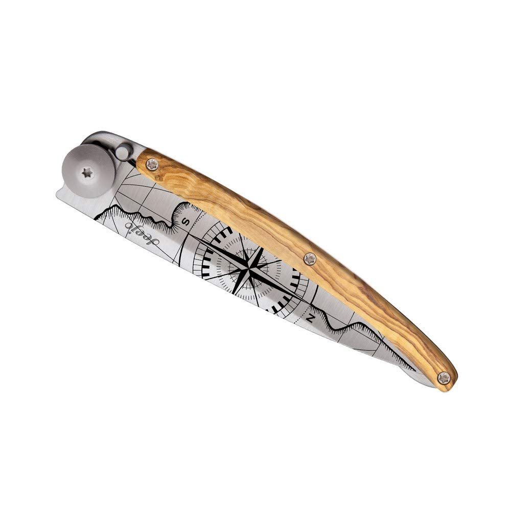 Deejo - Couteau de Poche Pliant 37g - Manche en Bois d’Olivier, Lame en Acier Inoxydable Z40C13 - Motif Terra Incognita - Couteau de Table, Randonnée, Camping, Bivouac
