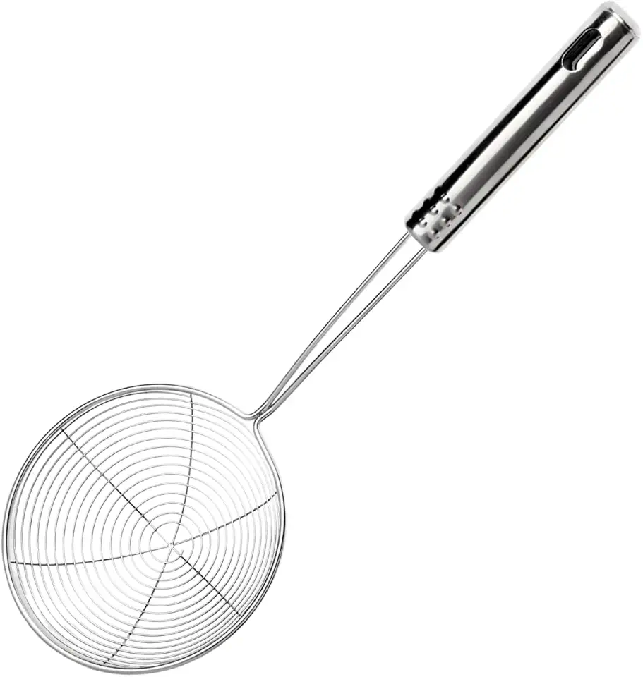 Escumadeira de Inox Para Fritura 30cm x 11,5cm Com Cabo Pendurável Resistente Ao Calor Para Coxinhas Bolinhos Pasteis Cozinha
