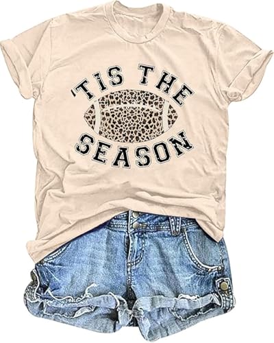 Game Day Outfits Shirts Women O-Neck Sunday Football Graphic Tee Tops Funny Football Game Day Casual Shirts(Small,Apricot)