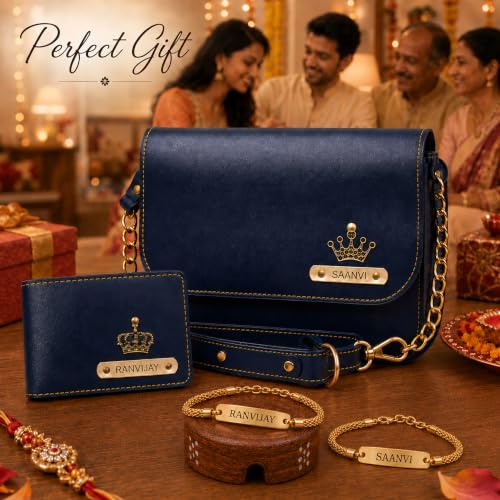 Image of SAVRI Personalized Rakshabandhan Gift for Bhaiya & Bhabhi | Customized Leather Wallet & Sling Bag with Name & Charm | Set of 2 Personalized Chain Rakhis with Name | Couple Gift for Anniversary & Rakhi