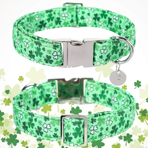 Image of St. Patrick's Dog Collar, Cotton St. Patricks Clover Collar for Puppy Girl Boy Dog or Cat, Lucky Shamrock Dog Collar with Metal Buckle, Green, Spring, L